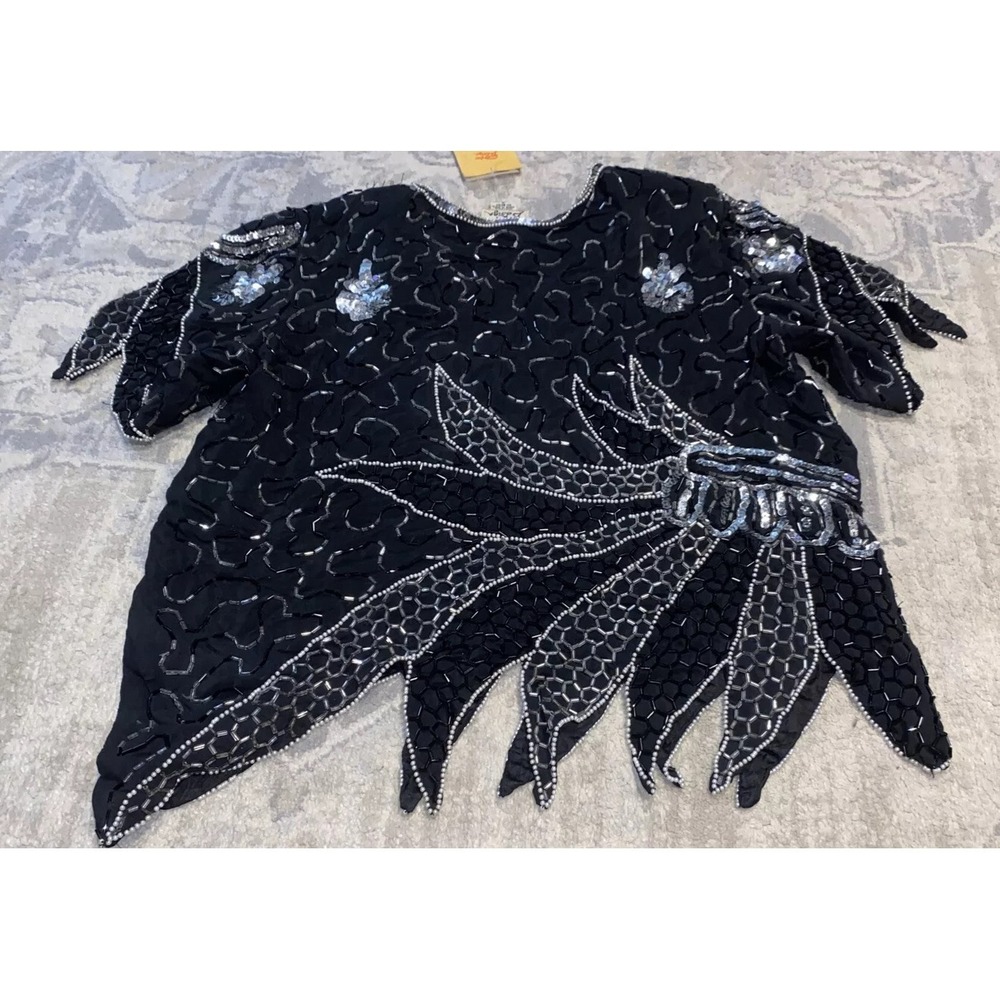 Vintage Vest‎ Black Silver Style N Design Unique Beaded Sz Small Silk